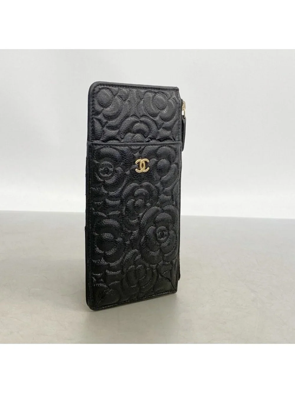 Chanel Wallet Camellia Caviar Leather Black Champagne Gold